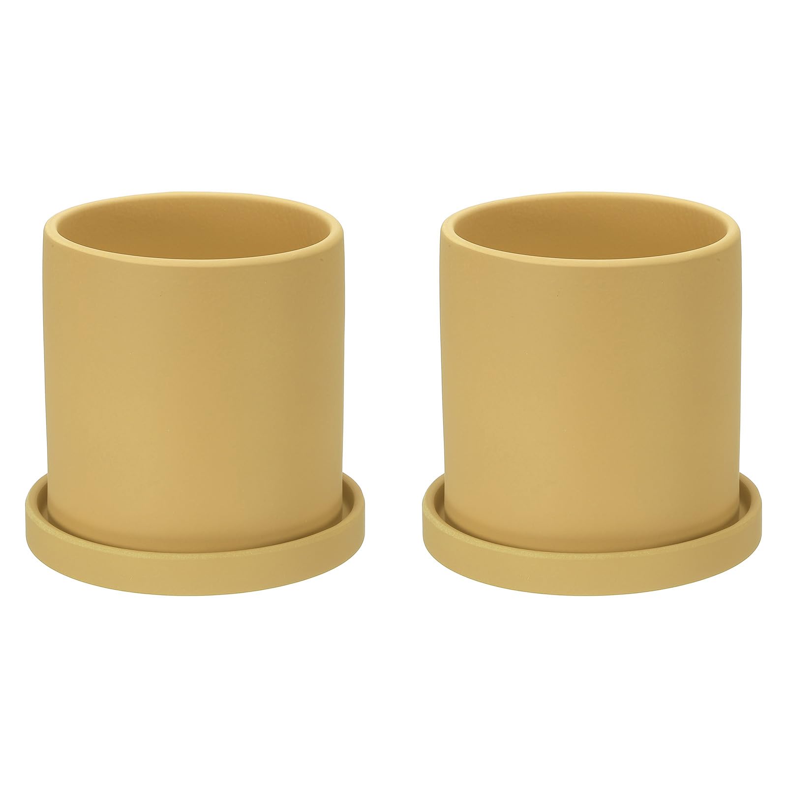 PATIKIL 4.3 Inch Ceramic Plant Pots, 2 Pack Modern Flower Planters with Drainage Holes and Tray for Decorate Home Indoor Plants Succulent Herb, Yellow