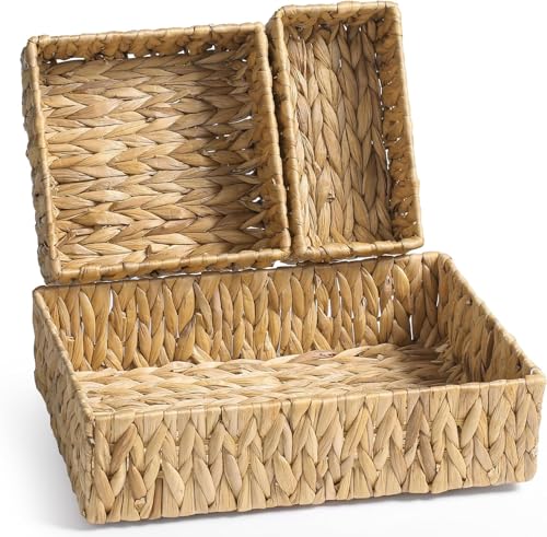 Excefore Wicker Basket, 3-Pack Natural Water Hyacinth Storage Baskets with Built-in Handles, Rectangular, for Home & Kitchen Organization