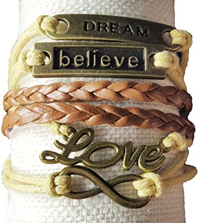 Love Faith Infinity Charms Braided Rope Wrap Around Stackable Bracelet (Brown (Dream, Love, Believe) Bracelet)