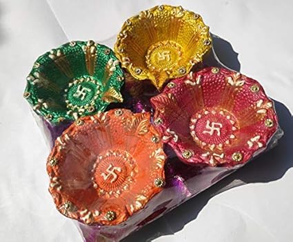 Homtoyz Terecotta/Earthen Clay/Mitti Decorative Multicolor Diyas (Set of 4) for Navratri/Diwali/Pooja