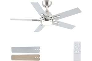 Sevenine 42 Inch Ceiling Fans with Lights and Remote, Brushed Nickel Ceiling Fan with 5 Balde for Outdoor/Bedroom Living Room, Downrod, 6 Speed Reversible DC Motor, 3CCT Dimmable Timer, ETL Listed