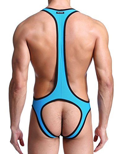 Sandbank Men’s Sexy Mesh Wrestling Singlet Underwear Jockstrap Bodysuit Jumpsuit (M, Blue)