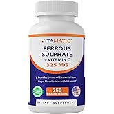 Vitamatic Ferrous Sulfate 325 mg with Vitamin C 100 mg (65 mg Elemental Iron) – High Potency Iron Supplement – No Artificial Colors – 250 Coated Tablets, Made in USA