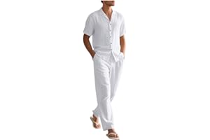 Mens 2 Piece Cotton Linen Set Button Down Short Sleeve Shirts Wide Straight Leg Pant Casual Beach Vacation Lounge Set