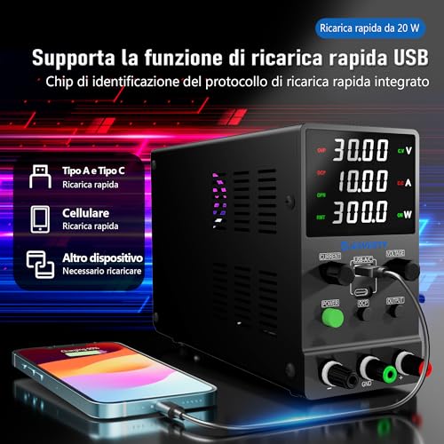 Variable DC Power Supply, 0-30V 0-10A Switching Adjustable Bench Power Supply with 20W USB and Type-C Fast Charging, Encoder Knob, Output Switch, 4 Digit LED Display SPS-3010M