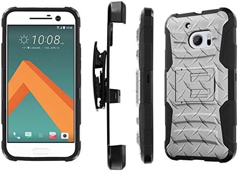 HTC 10 Case, [NakedShield] [Black/Black] Heavy Duty Holster Armor Tough Case + [Screen Protector] - [Silver Diamond Plate] for HTC One M10 / HTC 10