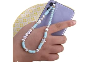 SYSUII Beaded Phone Lanyard Wrist Strap,Kawaii Love Heart Letters Star Moon Beaded Phone Charm Colorful Rainbow Phone Chain Strap for Women Girl Pearl Bracelet Keychain Cute Phone Decoration,Blue