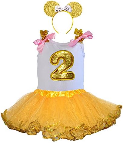 Birthday Glitter Gold Age Number Tops Tulle Tutu &amp; Sparkling Gold Headband Set (GD-Age 2)