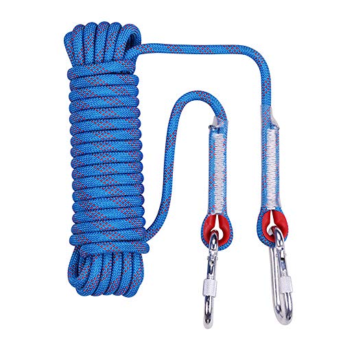 letsgood 10mm Outdoor Static Rock Climbing Rope, Safety Rope with 2 Hooks, Escape Rope Climbing Equipment Emergency Fire Rescue Parachute Rappelling Rope - 10M(32ft) 15M(49ft) 20M(64ft) (Blue, 49ft)