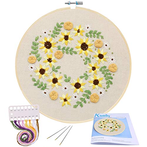 Full Range of Embroidery Starter Kit with Pattern, Kissbuty Cross Stitch Kit Including Embroidery Cloth with Plant Pattern, Bamboo Embroidery Hoop, Color Threads and Tools Kit (Embroidery Kit-14)