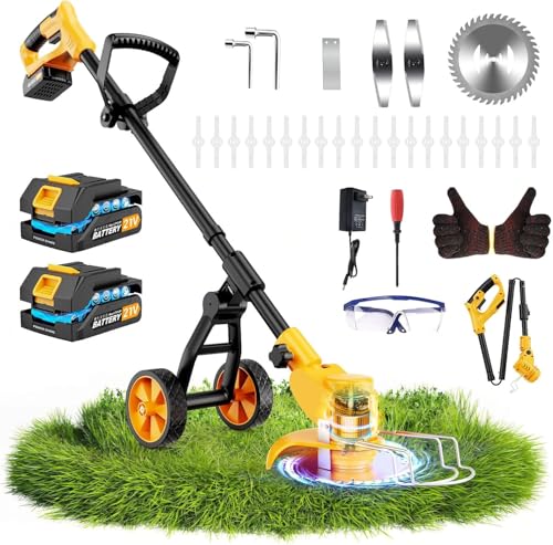 Electric Weed Wacker Cordless with Wheels,Electric Weed Eater Battery Powered 4000mAh,4 in 1 Grass Trimmer/Brush Cutter/Grass Edger/Lawn Mower,No String Trimmer with Blade,2 Battery