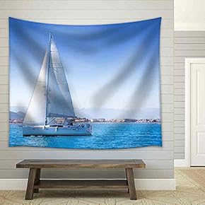 Sailboat Sailing in Mediterranean Sea in Denia Blue Mediterranean - Fabric Wall Tapestry Home Decor - 51x60 inches