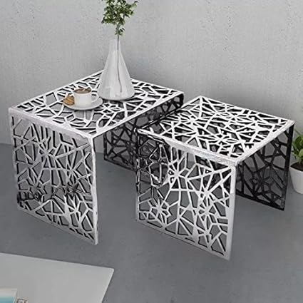 Vintage Industrial Side Table Nest 2 Tables Aluminium Metal Silver Furniture End Coffee Nesting Living Room