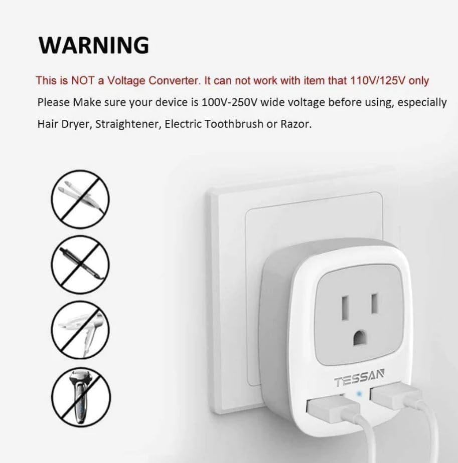 TESSAN European Travel Plug Adapter, Europe Power Adaptor with 2 USB Ports, International Type C Outlet Charger for US to Most of EU Iceland Spain Italy France Germany