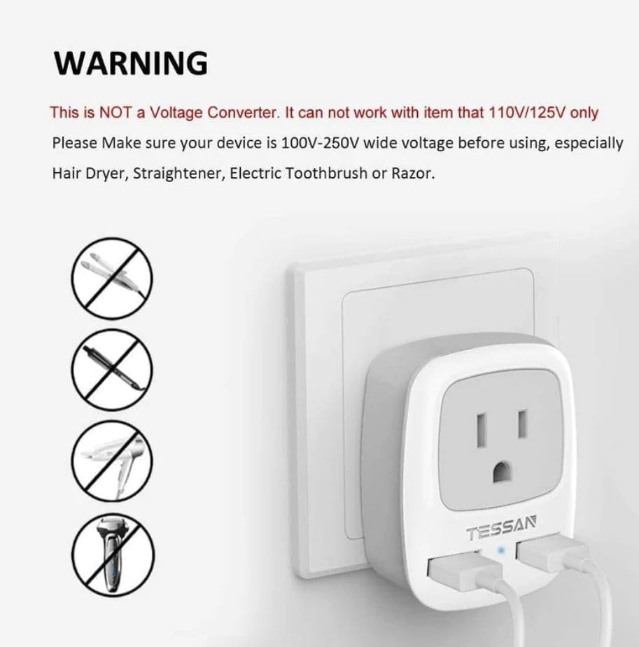 European Travel Plug Adapter, TESSAN International Power Plug with 2 USB Ports, Type C Outlet Adaptor Charger for US to Most of Europe EU Iceland Spain Italy France Germany