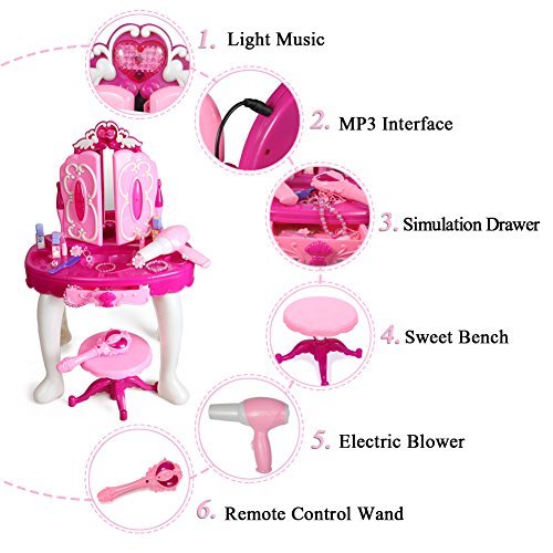Yosoo Girls Dressing Make Up Table Kids Toy Vanities Mirror Pretend Makeup Vanity Table Set