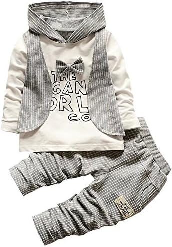 Kids Pin Stripes Outfit, Long Sleeves Bow Tie T Shirt with Hooded Hoodie Waistcoat + Jogger Pants Tuxedo Suit for Toddler Baby &amp; Little Boys, Grey 18-24 Months = Tag 90