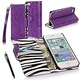 iPhone 5S Case, iPhone 5S Flip Case - E LV Deluxe PU Leather Folio Wallet Case Cover for iPhone 5S 5 (AT&T, T-Mobile, Sprint, Verizon, International Unlocked) Zebra Print inside with 1 Black Stylus and 1 Screen Protector (Apple iPhone 5/5S, Purple)