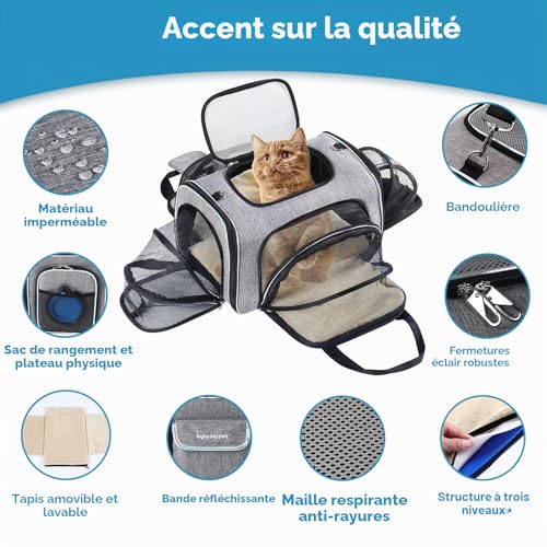 Airline Approved Expandable 4-Sided Cat Carrier Bag for Cats & Small Dogs, Car/Plane/Train, Folding, Removable Soft Cushion, 45 x 28 x 28 cm, Secure