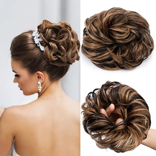 Messy Hair Scrunchies Hair Bun Extensions Scrunchy Curly Wavy Hair Pieces Updo Ponytail Hair Extensions Donut Hair Chignons Hair Accessories For Women, Dark Blonde&Medium Brown — image 1