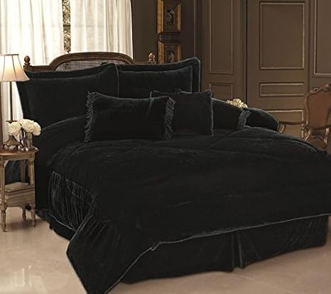 Amazon Com Kinglinen 7 Piece Queen Black Velvet Comforter Set Home Kitchen