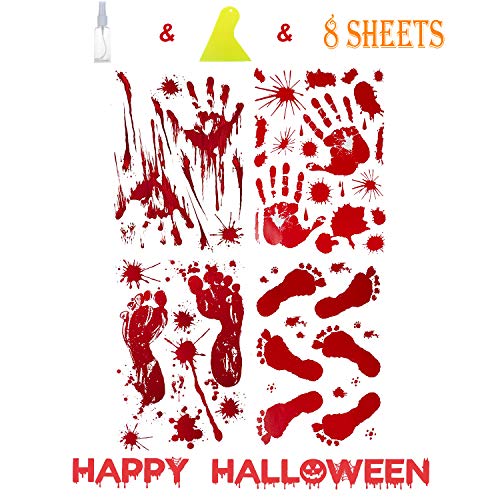 JBTAIN Halloween Decoration Bloody Handprint &Footprint Clings Decals, Horror Stickers with One Plastic Scraper & Plastic Bottle（8 Sheets）