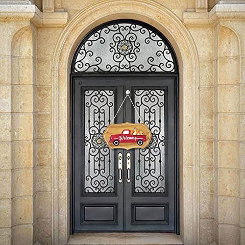 Welcome Sign, with 14 pcs Interchangeable Seasonal Ornaments Rustic Red Truck Home Sign for Front Door Decor, Seasonal Wall Hanging for Holidays