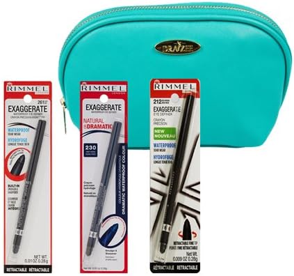 Rimmel Exaggerate Waterproof Eye Definer Kit with Three Colors Rich Brown, Deep Ocean and Black with Aquamarine Draizee Leather Cosmetic Bag