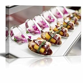 Canvas Prints Wall Art - Canapes with Cured Ham (Jamon or Prosciutto) on Banquet Table | Modern Wall Decor/Home Art Stretched Gallery Wraps Giclee Print & Wood Framed. Ready to Hang - 12" x 18"