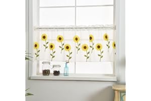WPKIRA Voile Sheer Valance - Kitchen Window Treatment Voile Valances Rod Pocket Embroidery Sunflower Sheer Tier Curtains for Small Window/French(Sunflower, 1 Panel Per Package, 39" Wide x 21" Long)
