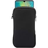 Neoprene Shock Absorbing Proof Pouch Large Cell Phone Sleeve Case Cover w Zipper/Neck Strap for iPhone 14 Plus Samsung Galaxy Note20 Ultra S22 Ultra A13 A03 A23 Moto G Power 2022 LG Stylo 6 (Black)