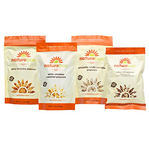 NatureBox Gourmet Popcorn Sweet & Spicy Sampler Gift Box (4 bags) - White Cheddar Caramel, Jalapeño White Cheddar, Coffee Kettle and Spicy Sriracha