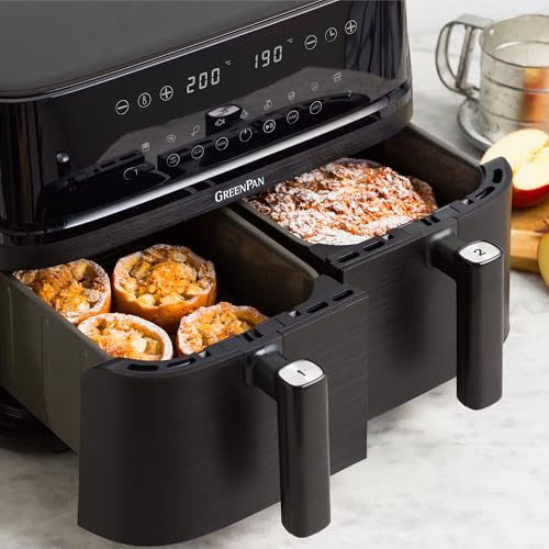 GreenPan Switch Horno Air Fry XL 9 en 1, 2 cestas para freír (2 x 5 L), cesta antiadherente, calentamiento rápido, programas multifunción, apagado automático, pantalla LED, mango tacto frío, Sin PFAS