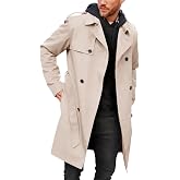 Pretifeel Mens Trench Coat Long Jacket Belted Windproof Coat | Notched Lapel,Double Breasted,Slim Fit,Sleeve Tab,Soft Lining,Classic Mid-Length Overcoat