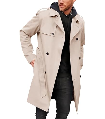 Gafeng Men's Trench Coat Belted Windbreaker Long Jacket Windproof