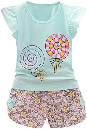 TAORE 2PCS Toddler Kids Baby Girls Outfits Lolly T-shirt Tops + Short Pants Clothes Set (2/3Y, Light Blue)