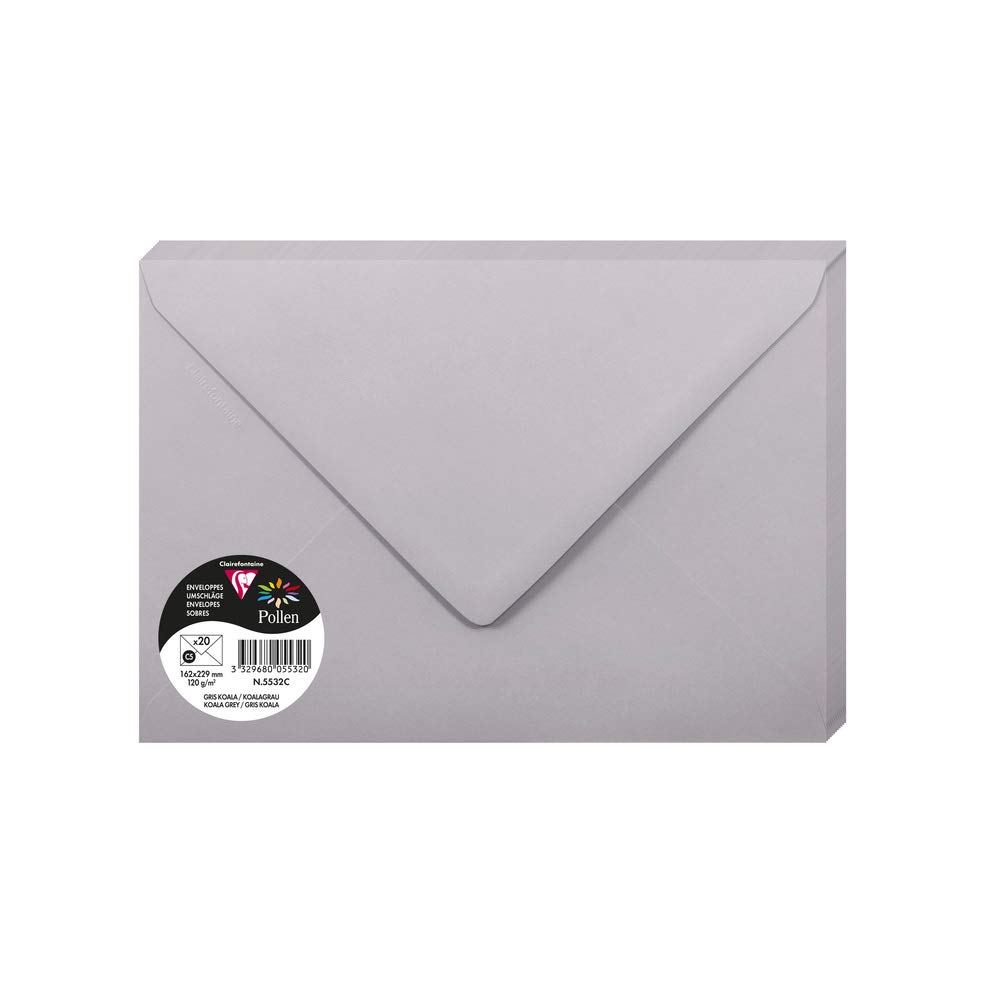 Clairefontaine 5532C Pack of 20 Gummed Envelopes Format C5 16,2x22,9cm 120gsm Colour Koala Grey Invitation Events Correspondence Pollen Premium Smooth Paper — image 1