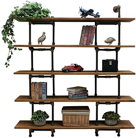 Industrial Wall Mounted Large Storage 5 Shelf Bookcase, Metal and Reclaimed Aged Wood Finish, 71'' H (Rustic Bronze with Light Brown Stained Wood)