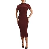 JerXox Women's Casual Mesh Short Sleeve Bodycon Mock Neck Keyhole Back Slim Club Party Midi Dresses
