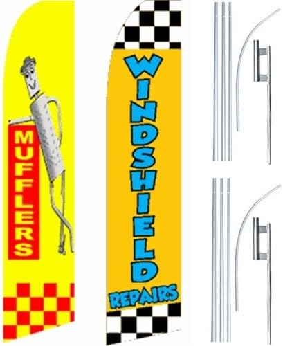 Car Auto Services Swooper Flutter Feather Flags &amp; Poles 2 Pack-Mufflers-Windsheild