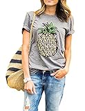 ZAWAPEMIA Women's Pineapple Printed Tops Funny Juniors T Shirt Short Sleeve Tees L Gray