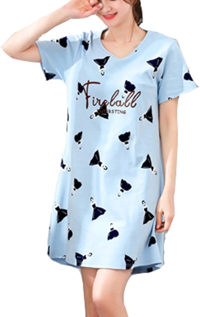 Woman's Nightgown Cotton Short Sleeve Printed Nightdresses Pyjamas t