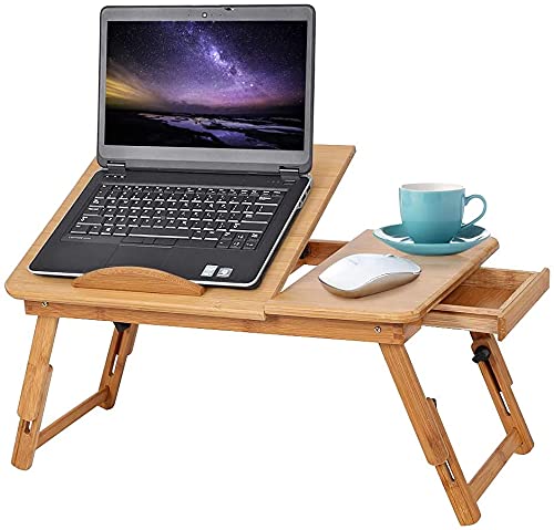 Ejoyous Adjustable & Foldable Bamboo Laptop Bed Table with 4 Tilt Angles with Drawer and Ventilation Holes