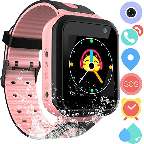 Kids Waterproof Smartwatch Phone - Touchscreen Smart Watch LBS locator with Dial Camera Voice Chat SOS Flashlight Alarm Clock Game Wristwatch Boys Girls Birthday Gift Compatible with iOS Android,Pink
