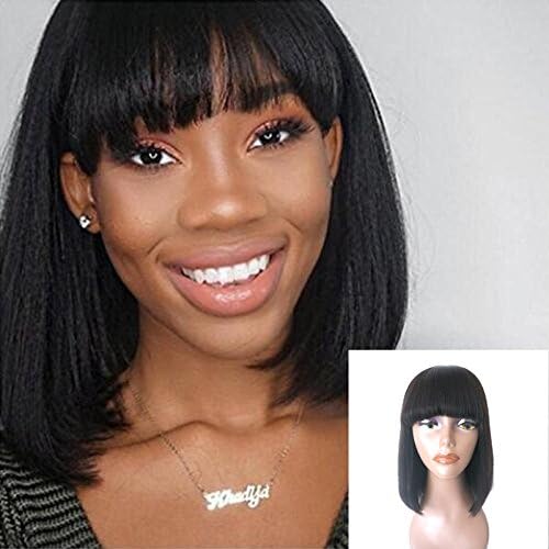 Fanshow Brazilian Glueless Human Hair Bob Wig with Bang Yaki Machine Made Short Wigs