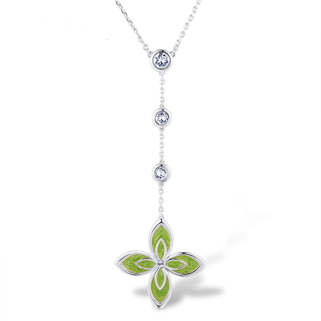Santuzza White Rhodium Plated Brass Necklaces Fashion Clover Enamel Pendant Simple Jewelry Chain Jewelry for Women and Girls 17 Inch length (Green)
