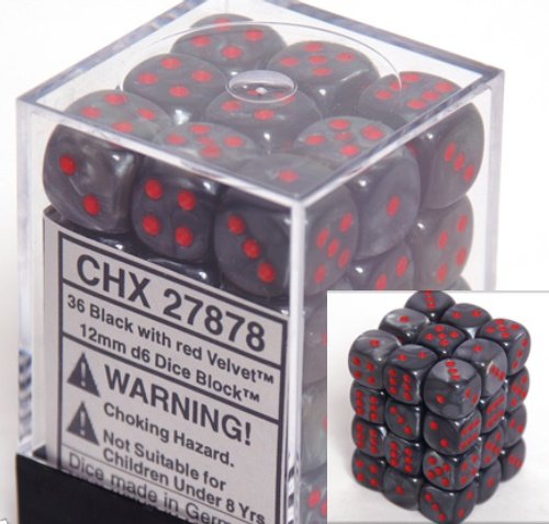 Chessex Dice d6 Sets: Velvet Black with Red - 12mm Six Sided Die (36) Block of Dice