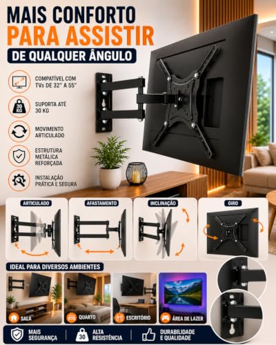 Suporte Articulado para TV 32 a 55 Pol Universal Ajustável até 30kg | Ajuste livre, Metálico, Padrão Vesa, Suporte articulado, Parede TV, 32 a 55 polegadas, Até 30kg