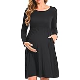 Bearsland Women’s Long Sleeve Maternity Dresses Patchwork Pregnancy Dress with Pocket