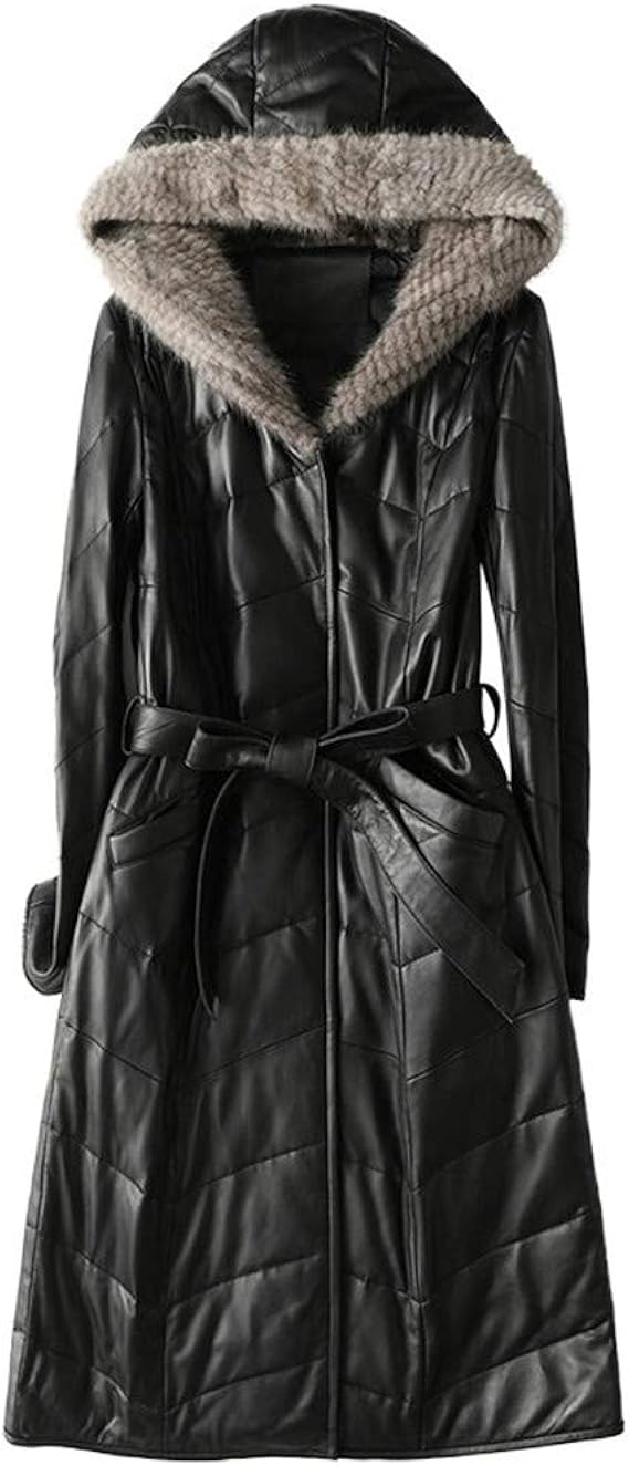 Amazon Jcstory レザー ダウンコート レディース ロング ダウンジャケット ロング 着痩せ ベルト付き 高級ラム羊革 防寒 上品 暖かい お洒落 おしゃれ リアルファー 冬 フード付きアウター トレンチコート Xl コート ジャケット 通販